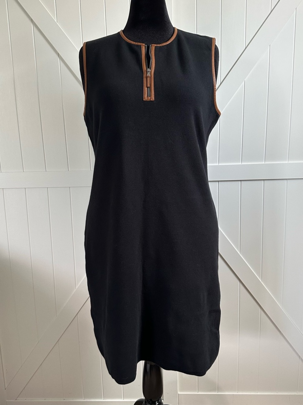 Lauren Ralph Lauren Black Sweater Dress Faux Leather Trim Zip Size XL / XXL